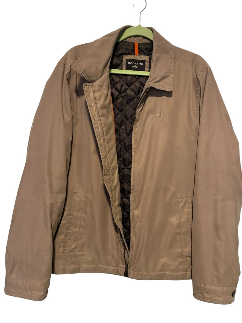 Dockers Men's Light Tan Lightweight Jacket with Quilted Brown Lining